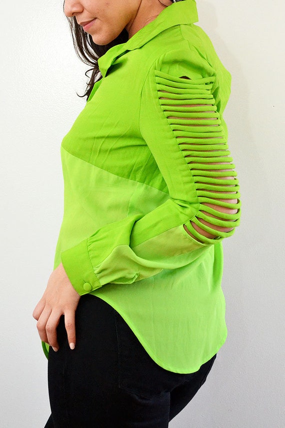 Vintage Neon Green Two Tone Ribbed Sleeve Blouse … - image 9