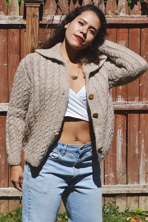 Vintage Oatmeal Cable Knit Chunky Sweater // M