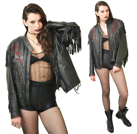 Deflowered Leather Fringe Rose Print Biker Jacket… - image 3