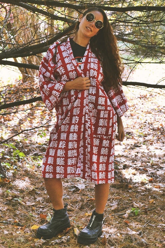 Vintage Red and White Japanese Duster Kimono // O… - image 4