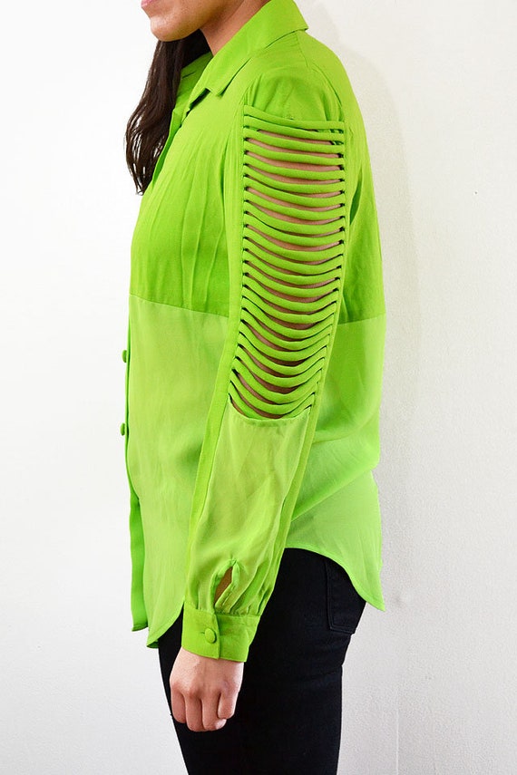 Vintage Neon Green Two Tone Ribbed Sleeve Blouse … - image 8