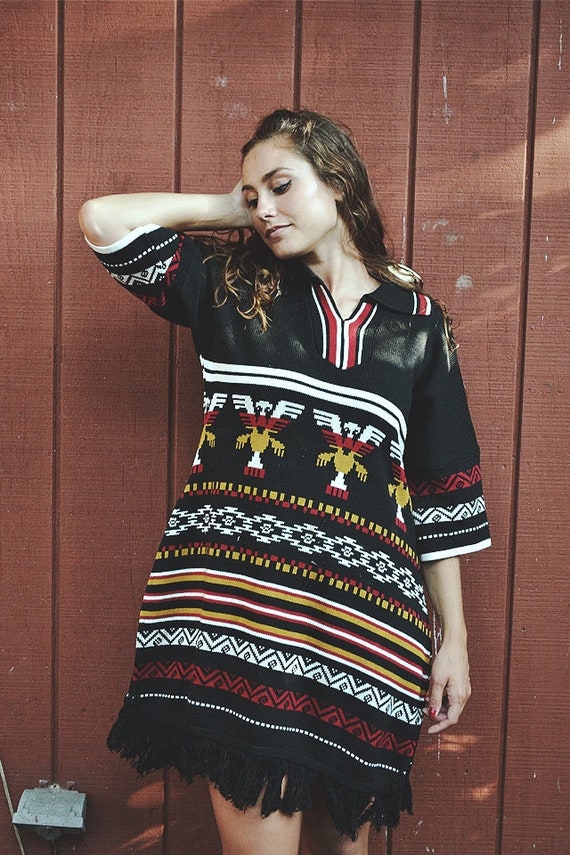 Vintage Fringe Navajo Knit Tunic Dress // ML - image 8