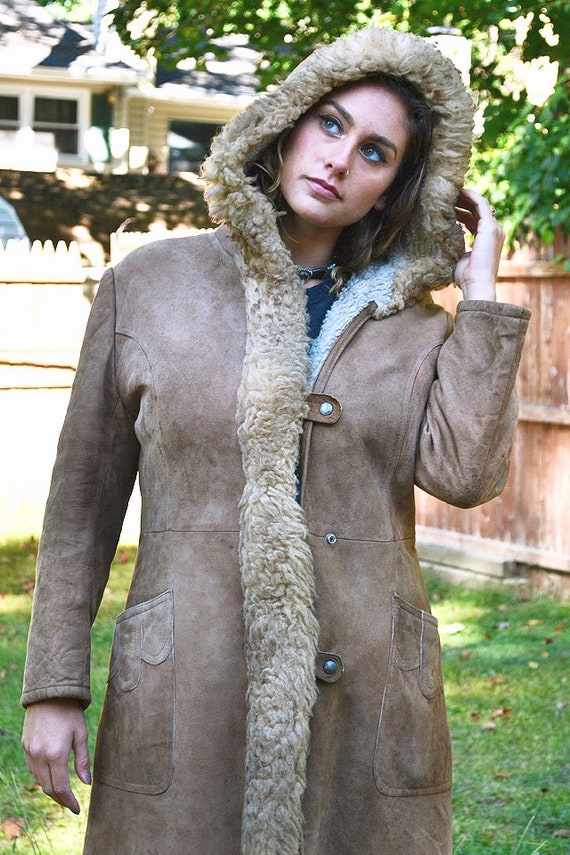 Vintage Shearling Leather Faux Fur Hooded Princes… - image 3