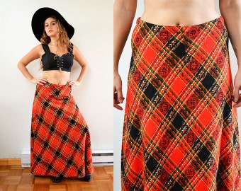 Vintage Handmade Scottish High Waist Tartan Plaid Maxi Skirt // M