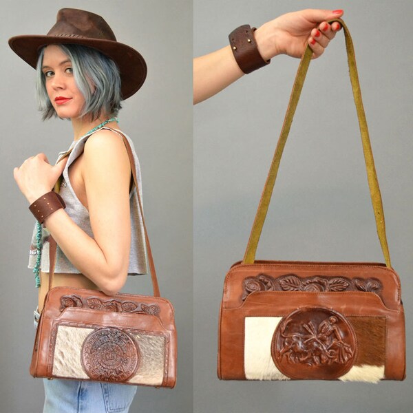 Mexican Embossed Matador Leather Saddle Tooled Bag