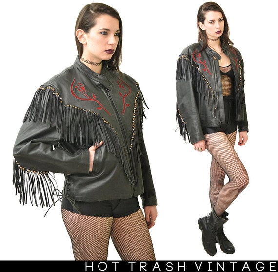 Deflowered Leather Fringe Rose Print Biker Jacket… - image 1