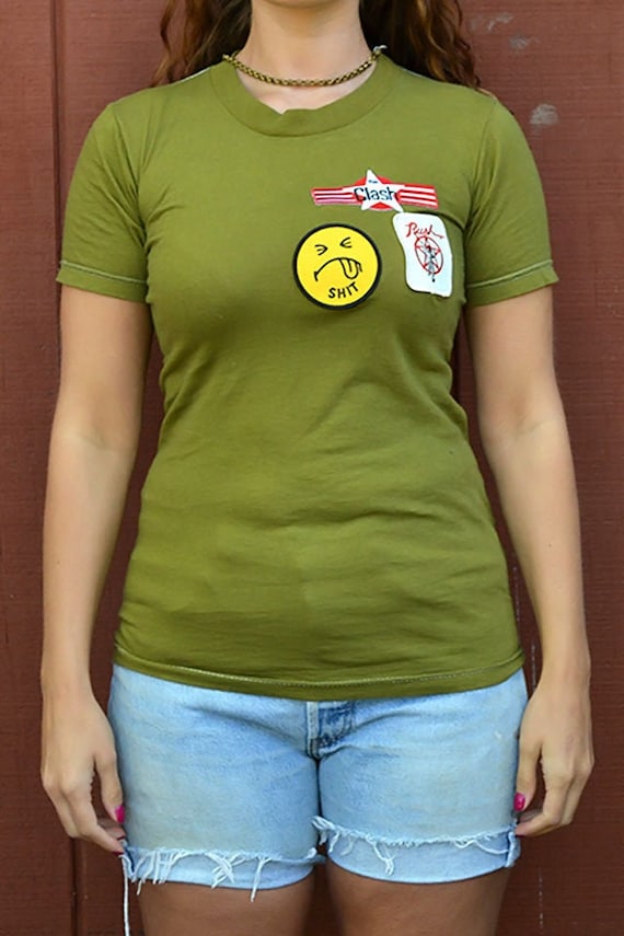 Vintage Shit Faced Patched Military Army Green T-… - image 1