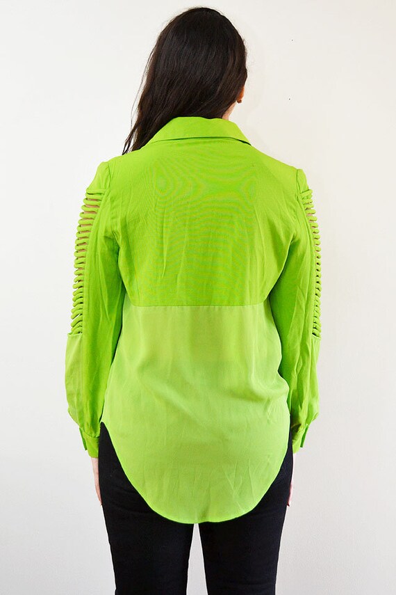 Vintage Neon Green Two Tone Ribbed Sleeve Blouse … - image 10