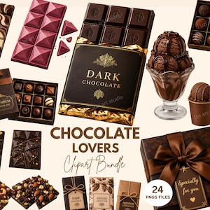 Op de afbeelding: Een digitale collectie illustraties met chocoladethema, waaronder diverse chocoladerepen, dozen met bonbons met bruine linten, bolletjes chocolade-ijs in een glazen schaaltje en hoorntje, en de tekst Chocolate Lovers Clipart Bundle.