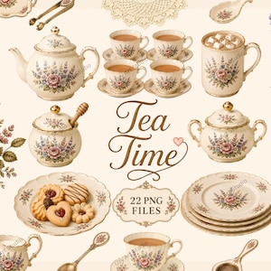 May include: A collection of cream-colored ceramic tea service items featuring floral patterns, including a teapot, cups, saucers, a sugar bowl with a honey dipper, a creamer, plates with cookies, a mug with marshmallows, and a clock, labeled Tea Time.
