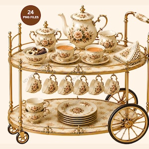 May include: A two-tiered gold metal serving cart featuring a floral porcelain tea set. The set includes a teapot, sugar bowl, creamer, cups, saucers, and plates with a cream base and pink floral patterns. The cart has wheels and a handle.