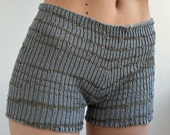 Hand Knitted Dark Gray Mid Rise Shorts, Cotton Lounge Wear for Women