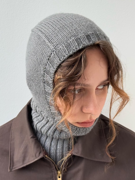 Merino Wool Gray Knit Hooded Balaclava Hoody Merino Balaclava - Light Gray - Etsy main image 3