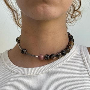 Rhodonite Choker Necklace – Handmade Unisex Beaded Choker with Stainless Steel, Natural Veined Gemstone Necklace Gift, Adjustable