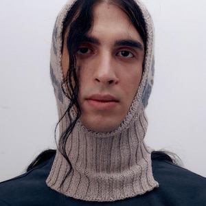 Beige Wool Balaclava with Gray Embroidery, Hand Knit Ski Mask, Artistic Wool Hood, Small Size Face Cover, Unique Handmade Winter Hat