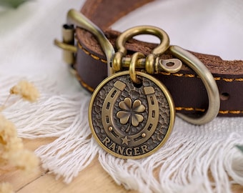 Custom Brass Dog Tag, Personalized Pet ID Tag With Name, Lucky Horseshoe Four Leaf Clover Collar Tag, Back Engraving, Rustic Pet Gift