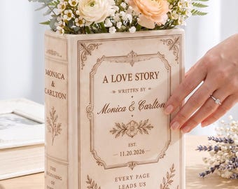 Personalized Ceramic Book Vase, Custom Wedding Love Story Flower Vase With Names, Vintage Floral Couple Decor Gift