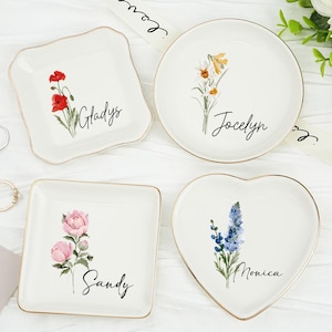 Personalized Birth Flower Ring Dish: Glazed Ceramic Keepsake