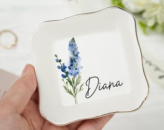 Personalized Birth Flower Ring Dish: Custom Watercolor Ceramic Keepsake