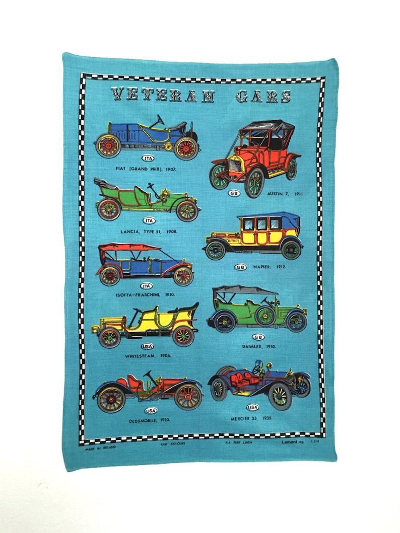 Sold LAMONT IRISH LINEN Tea Towel Veteran Cars