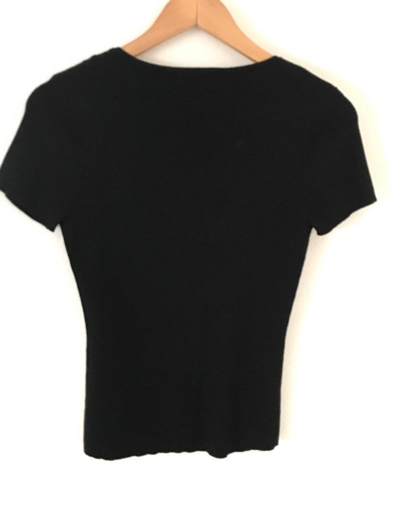 Black Silk Rib Knit Short Sleeve Top With Ivory Cotton Ruffle M