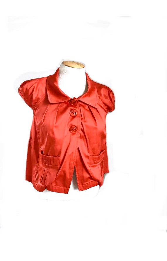 Red Satin Cap Sleeve Pleated Button Down Smock Wit