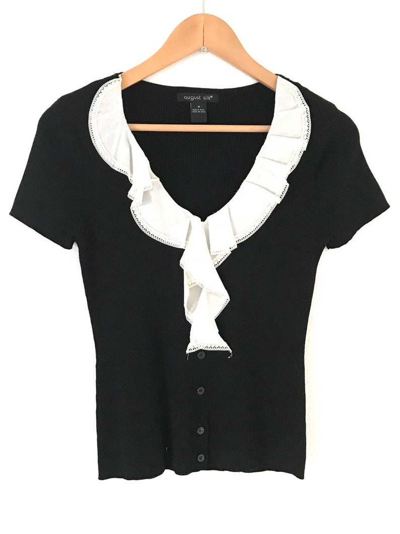 Black Silk Rib Knit Short Sleeve Top With Ivory Cotton Ruffle M