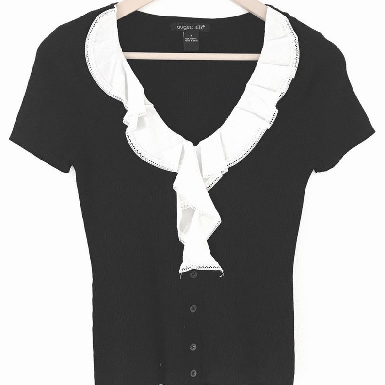 Black Silk Rib Knit Short Sleeve Top With Ivory Cotton Ruffle M
