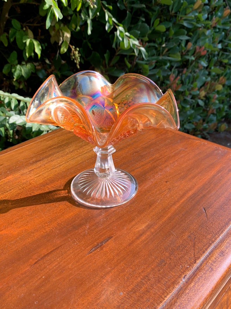 Orange Carnival Glass Ruffled Edge Pedestal Candy Dish Etsy