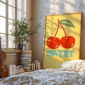 Retro Cherry Wall Art – Vibrant Pop Art Poster for Bedroom or Living Room Decor