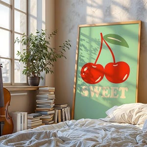 Retro Cherry Wall Art – Vibrant Pop Art Poster for Bedroom or Living Room Decor