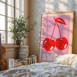 Retro Cherry Wall Art – Vibrant Pop Art Poster for Bedroom or Living Room Decor