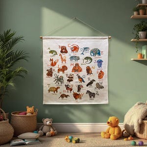 Suspension murale ABC Safari dans les bois : affiche alphabet animal aquarelle pour l'éducation de la petite enfance, zoo pour tout-petits, tapisserie en lin préscolaire