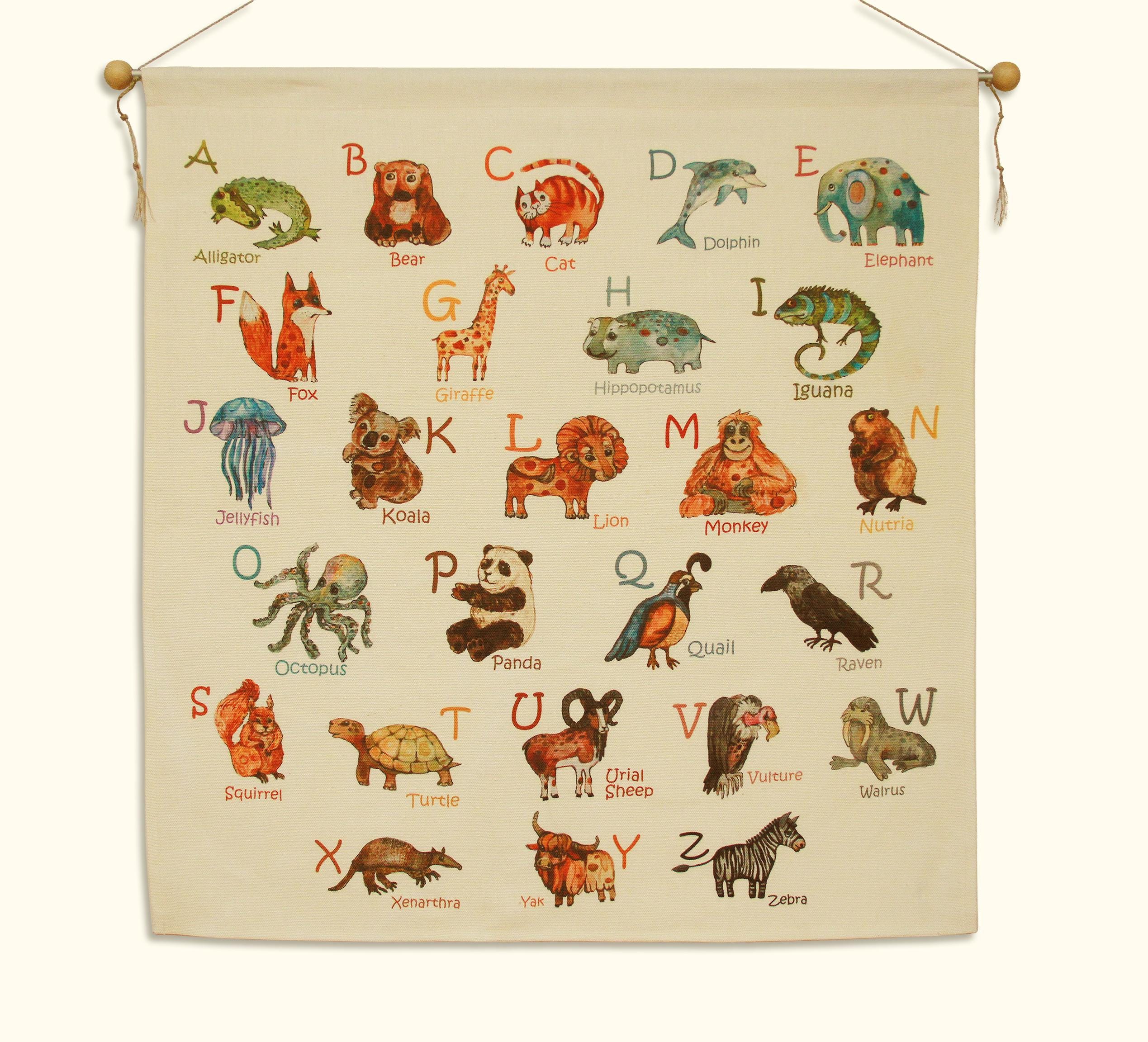 ABC Animal Alphabet Wall Hanging - Eco Nursery Tapestry with Woodland & Safari Creatures