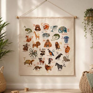 Woodland Animal Alphabet Wall Hanging, Montessori Nursery Decor, Linen ABC Banner