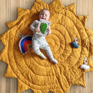 Linen Baby Play Mat: Sun Design with Rainbow & Clouds
