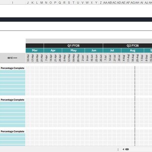 May include: A digital spreadsheet titled "Weekly Gantt Chart" with a teal and white color scheme. The chart includes sections for employee names, task details, and a timeline for task completion. The top left corner features a logo.