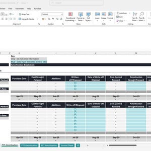 May include: A screenshot of a Microsoft Excel spreadsheet labelled "12-month Amortisation Schedule." The spreadsheet includes columns for purchase date, additions, and amortisation details. The top of the spreadsheet has a key explaining the colour-coding.