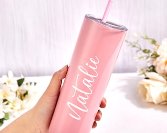 Personalized Tumbler with Lid and Straw, Stainless Steel Cup, 20oz Skinny Tumbler, Bachelorette Party Gifts, Vacation Cup, Bridesmaid Gifts