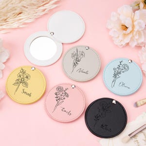 Personalized Gift for Bridesmaid Proposal, Custom Leather Mirror, Engraved Pocket Mirror, Birth Flower Mirror, Bridal Party Gift for Her