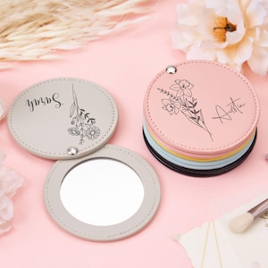 Personalized Pocket Mirror, Bridesmaid Gifts, Custom Mirror with Name, Engraved Leather Mirror, Birth Flower Pocket Mirror, Gift for Her