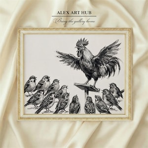 May include: Black and white framed artwork featuring a rooster with outstretched wings, perched above a group of small birds. The artwork is signed "ALEX ART HUB" with the tagline "Bring the gallery home."