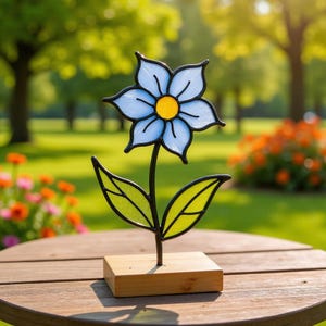 Puede incluir: Una flor decorativa de vidriera con un centro azul claro y amarillo, contornos negros y hojas verdes. La flor está montada sobre una base de madera. El fondo es una escena exterior borrosa.