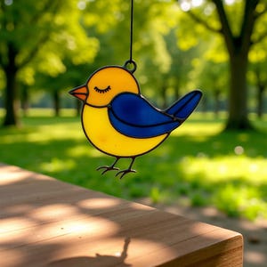 Könnte beinhalten: Ein Glasvogel-Ornament mit gelbem Körper, blauen Flügeln und einem orangefarbenen Schnabel. Der Vogel hängt an einem schwarzen Faden. Der Hintergrund ist eine verschwommene grüne Parkszene.