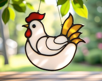 Motif de vitrail attrape-soleil poulet, ornement en verre, art du vitrail, décoration de cuisine de ferme numérique Pdf Svg Png Jpg