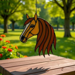 May include: Stained glass horse head with a brown mane, tan face, and black outline. The horse head is hanging from a black string. The background is a blurred image of a green lawn and trees.