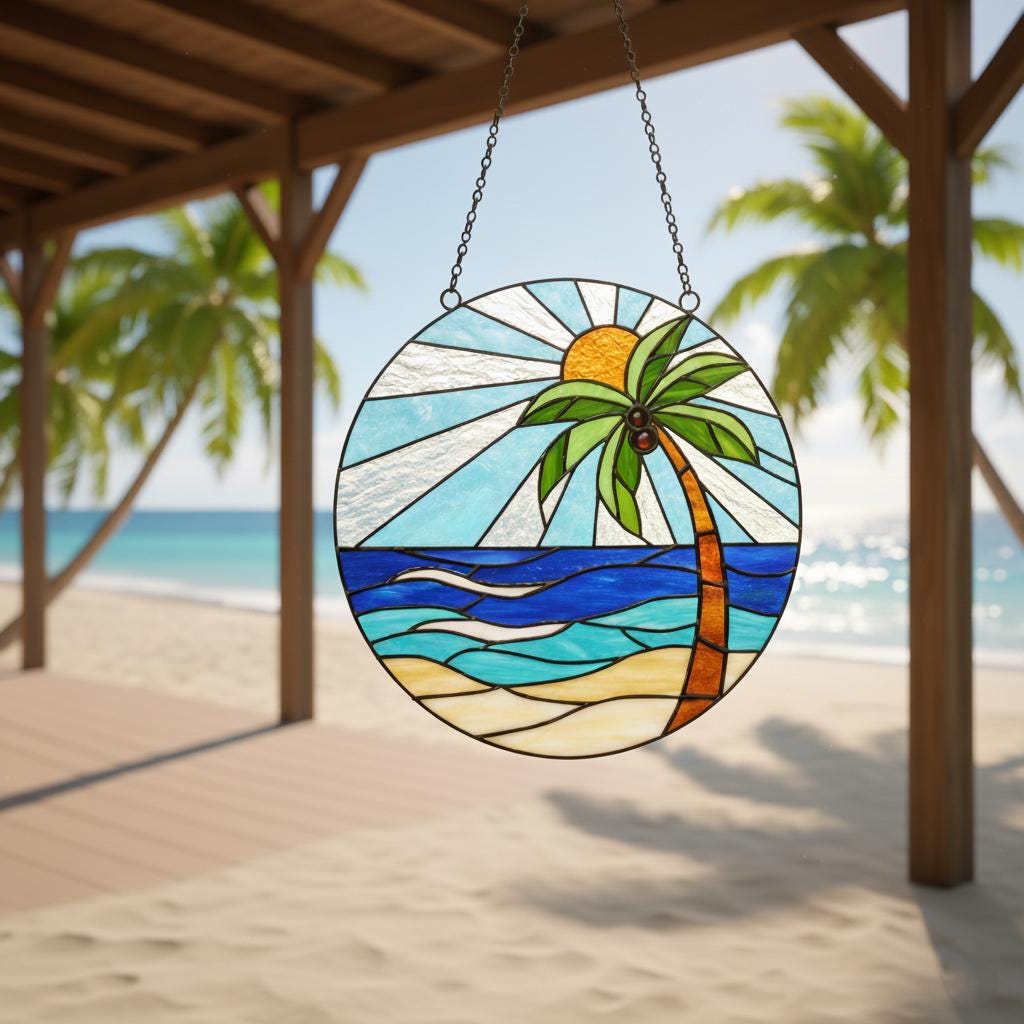 Tropical Sunset Stained Glass Pattern – Beach Decor, Ocean Palm Tree ...