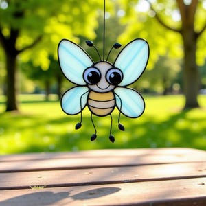 May include: A stained glass bee suncatcher with a light blue and yellow body, black antennae, and large, friendly eyes. The bee is hanging in front of a blurred green background, suggesting an outdoor setting. The bee's wings are a light blue color.
