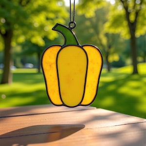 May include: A stained glass ornament in the shape of a yellow bell pepper with a green stem and black outlines. The ornament is hanging in front of a blurred green background of trees and grass.