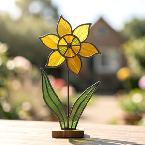May include: A stained glass daffodil flower sculpture featuring six yellow petals with a central circular detail, two green leaves, and a thin black metal stem. The entire piece is mounted on a small, rectangular wooden base for stability.